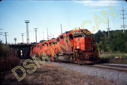 Original Kodachrome Slide, EJ&E SD38 656 with WB train at at Joliet, IL 9/84