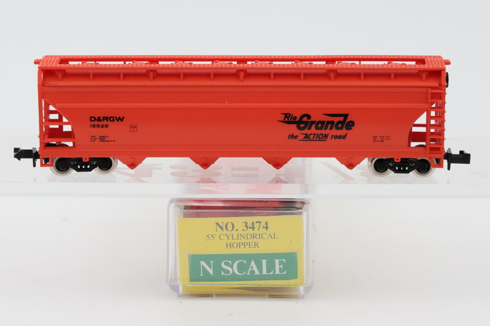 Model Power, N scale, Rio Grande 55' Cylindrical 4 bay Covered hopper, Rapido style couplers, No.3474