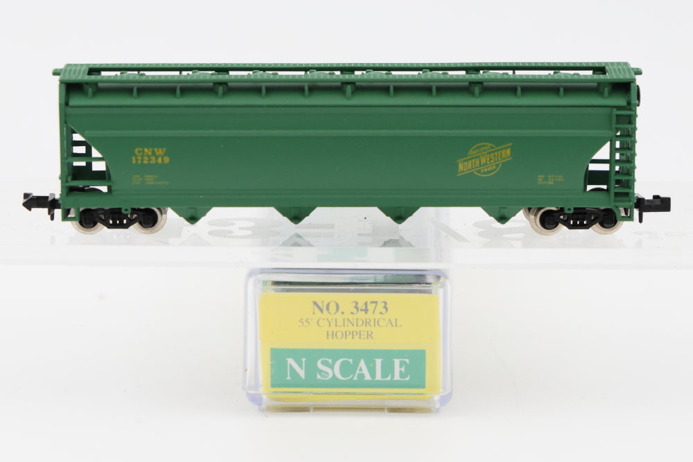 Model Power, N scale, Chicago and North Western (CNW) 55' Cylindrical 4 bay Covered hopper, Rapido style couplers, No.3473