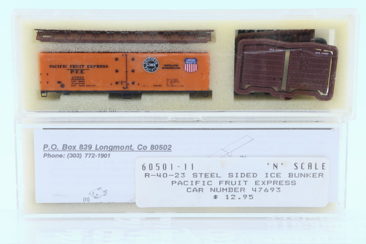 Intermountain N scale Pacific Fruit Express (PFE) 40' Steel Sided Ice Bunker Reefer car kit, R-40-23, 47693, 60501-11, preowned, new in box