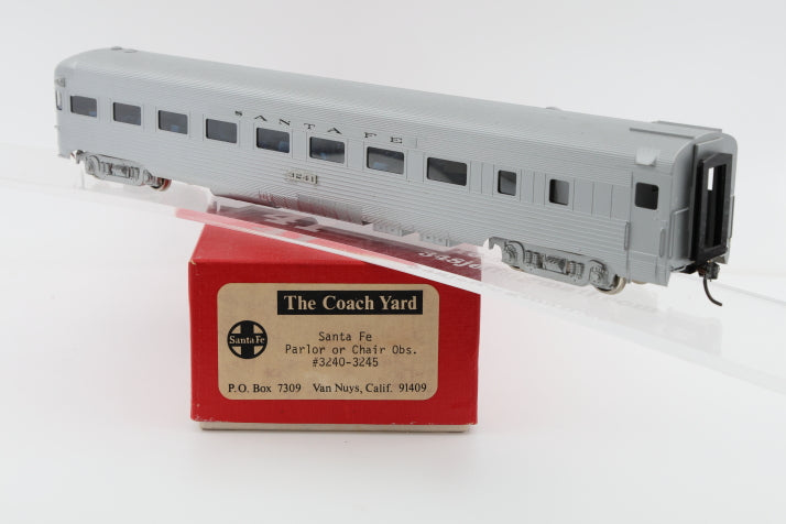The Coach Yard, HO scale, Brass, Santa Fe Parlor or Chair Observation #3240-3245, body mounted Kadee couplers, metal wheels, Original box, pre-owned