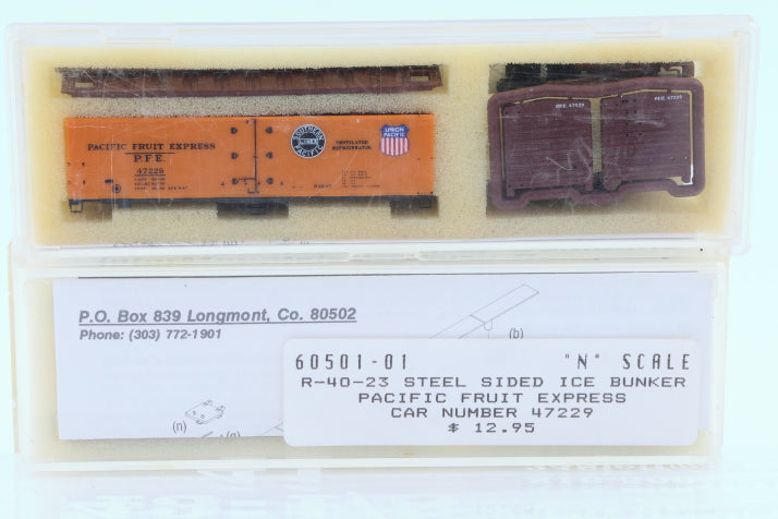 Intermountain N scale Pacific Fruit Express (PFE) 40' Steel Sided Ice Bunker Reefer car kit, R-40-23, 47229, 60501-01, preowned, new in box