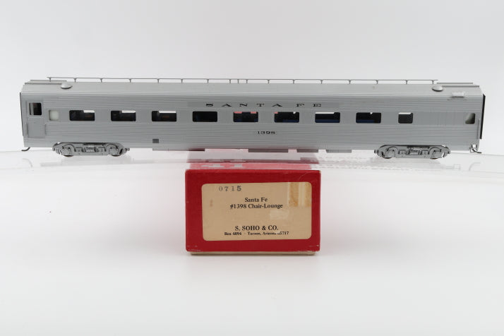 S.Soho & Co., HO scale, Brass, Santa Fe Chair Lounge #1398 body mounted Kadee couplers, metal wheels, Original box, pre-owned, 0715,