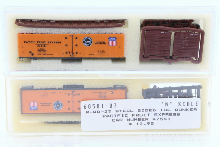 Intermountain N scale Pacific Fruit Express (PFE) 40' Steel Sided Ice Bunker Reefer car kit, R-40-23, 47541, 60501-07, preowned, new in box