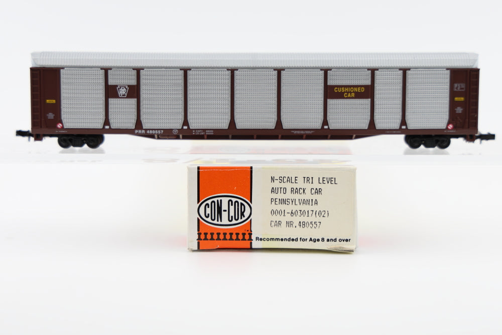 Con-Cor N scale Pennsylvania (PRR) Tri Level Auto Rack Car, 480557, Rapido couplers, #0001-603017(02)