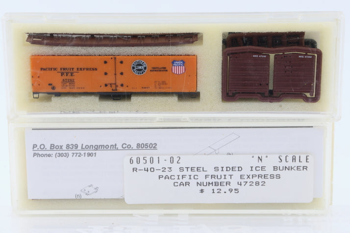 Intermountain N scale Pacific Fruit Express (PFE) 40' Steel Sided Ice Bunker Reefer car kit, R-40-23, 47282, 60501-02, preowned, new in box