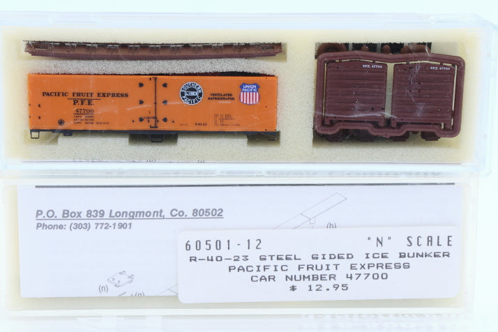 Intermountain N scale Pacific Fruit Express (PFE) 40' Steel Sided Ice Bunker Reefer car kit, R-40-23, 47700, 60501-12, preowned, new in box