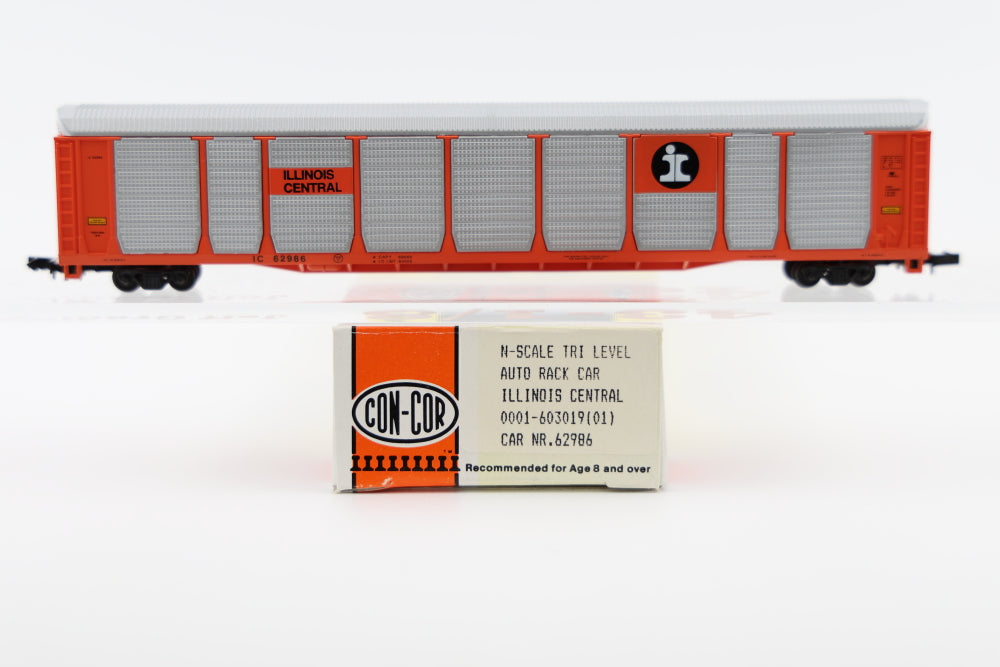 Con-Cor N scale Illinois Central (IC) Tri Level Auto Rack Car, 62986, Rapido couplers, #0001-603019(01)