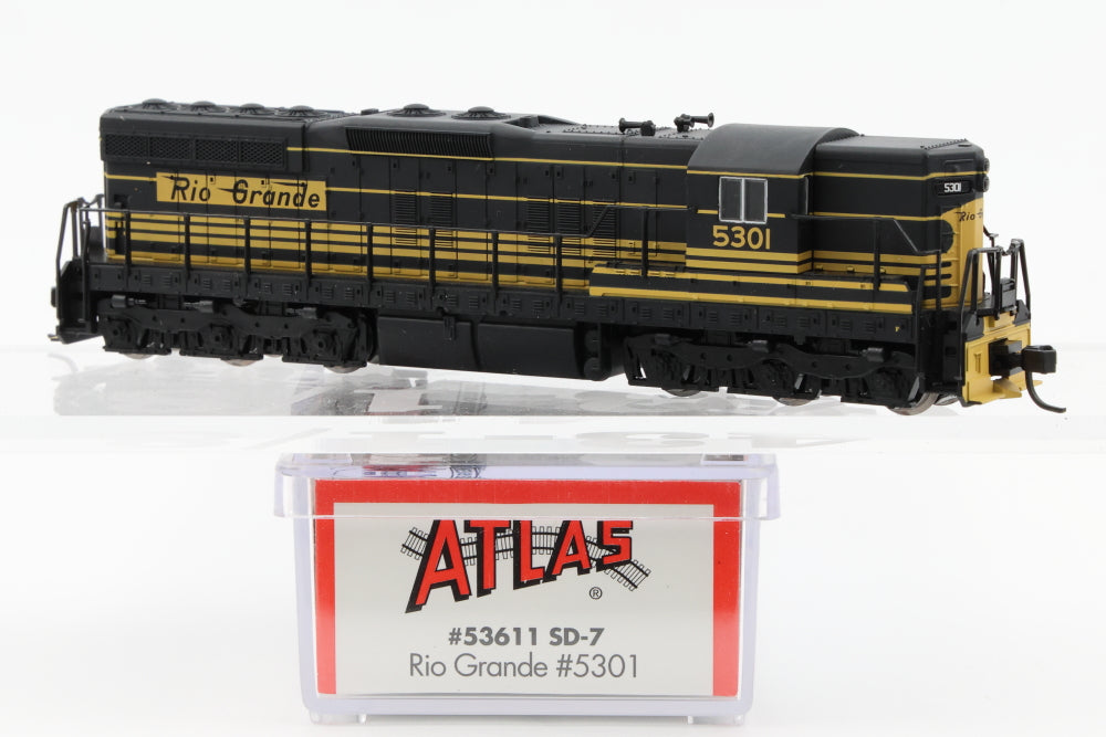 Atlas N scale Rio Grande (DRGW) EMD SD7 5301, DC, Kadee style couplers, new in box, Pre-owned, never used, #53611
