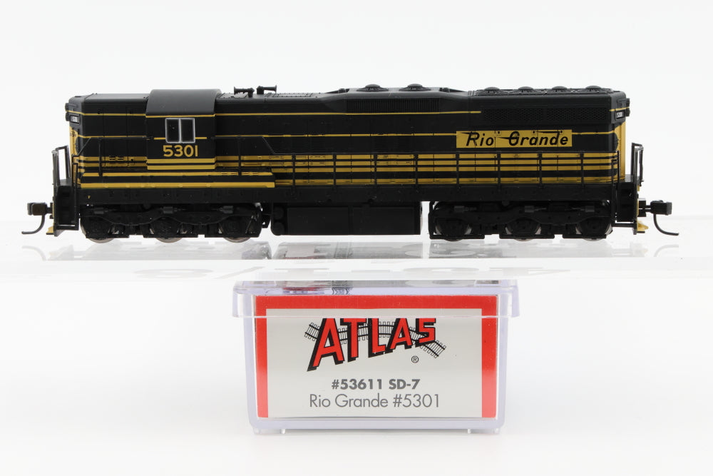 Atlas N scale Rio Grande (DRGW) EMD SD7 5301, DC, Kadee style couplers, new in box, Pre-owned, never used, #53611