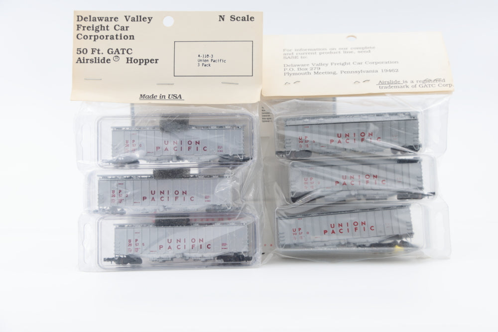 Delaware Valley Freight Car Corp (Atlas built?) Union Pacific GATC 50' Airslide cars-3 pack, A-110-3, Rapido couplers, Photo show two-3 packs, front and back.