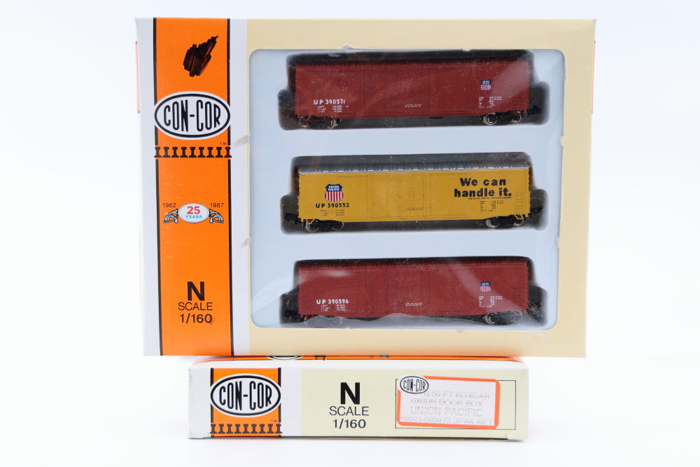 Con-Cor N scale Union Pacific (UP) 50ft Box cars, grain door box, 3 pack set, Rapido couplers, #0001-008973