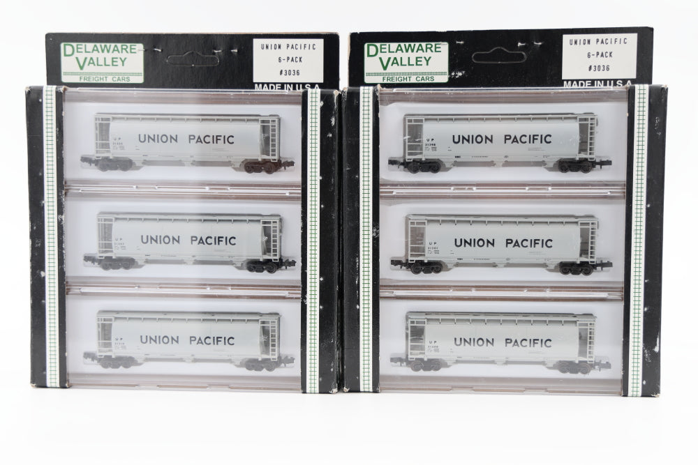 Delaware Valley Freight Car Corp N scale (Atlas built?) Union Pacific 3 bay Cylindrical Covered Hopper cars-6 pack, Rapido couplers, Photo show two-6 packs, front and back.