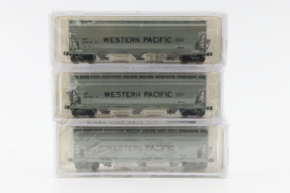 Brooklyn Locomotive Works (Intermountain) N scale 3 pack, Western Pacific (WP), ACF 3 -bay Covered Hopper cars, 3 different numbers, 12014-12026-12045, Kadee Like couplers, 1180, factory sealed