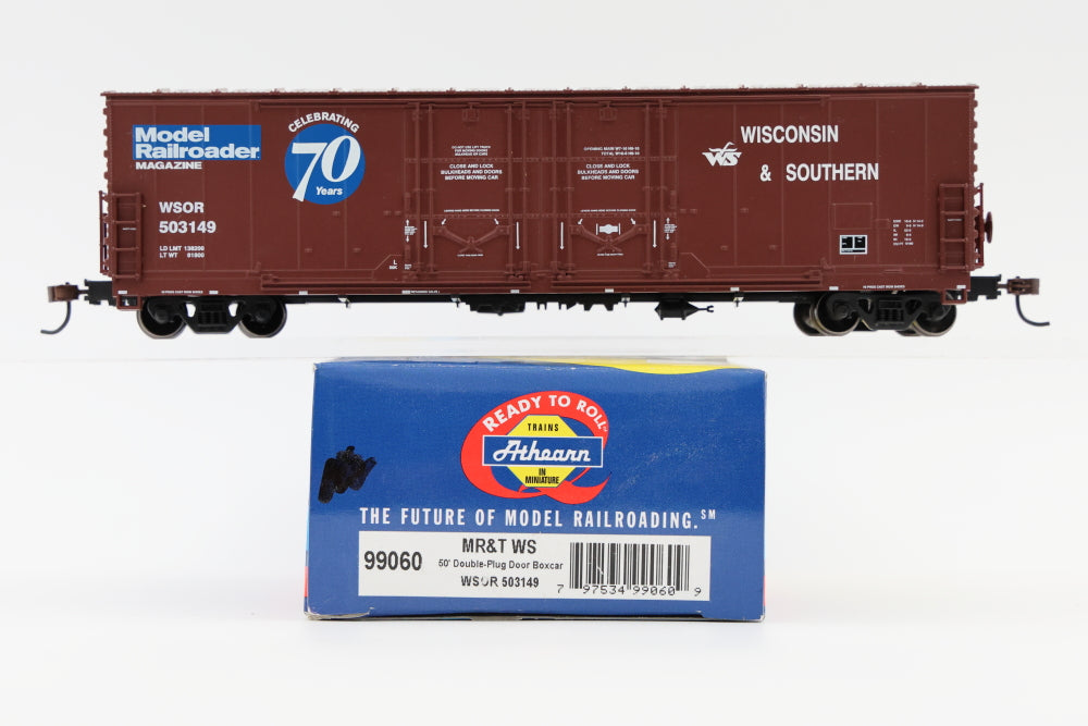 Athearn Ready to Run MR&T Wisconsin Southern 50' double plug door box car, Model Railroader Magazine 70th anniversary logo, 503149, ATH99060