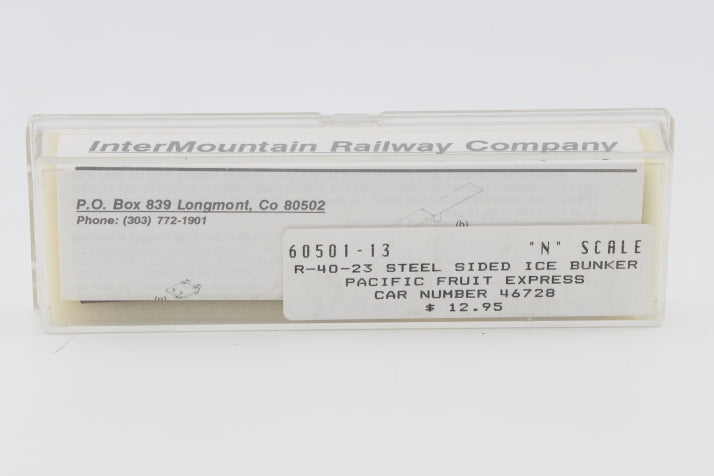 Intermountain N scale Pacific Fruit Express (PFE) 40' Steel Sided Ice Bunker Reefer car kit, R-40-23, 47728, 60501-13, preowned, new in box