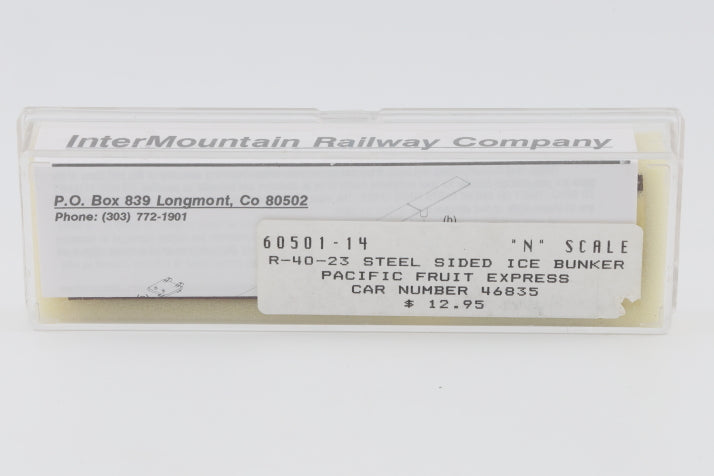 Intermountain N scale Pacific Fruit Express (PFE) 40' Steel Sided Ice Bunker Reefer car kit, R-40-23, 46835, 60501-14, preowned, new in box