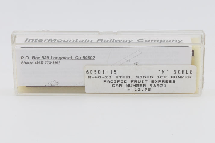 Intermountain N scale Pacific Fruit Express (PFE) 40' Steel Sided Ice Bunker Reefer car kit, R-40-23, 46921, 60501-15, preowned, new in box