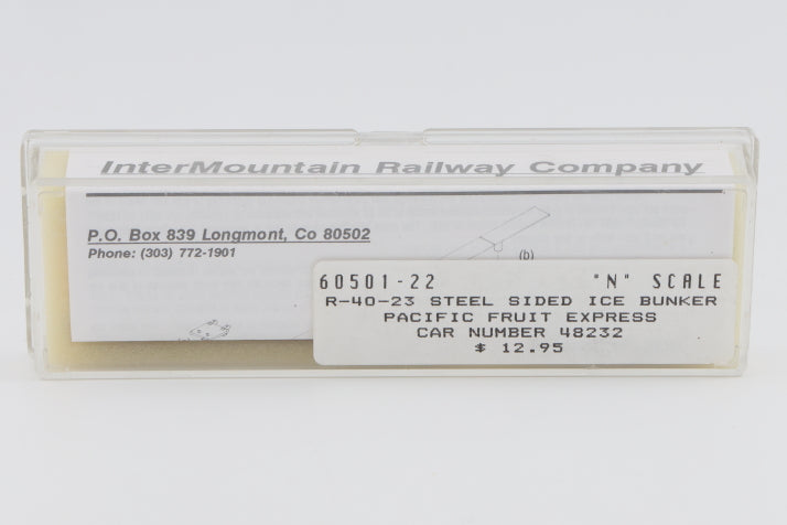 Intermountain N scale Pacific Fruit Express (PFE) 40' Steel Sided Ice Bunker Reefer car kit, R-40-23, 48232, 60501-22, preowned, new in box