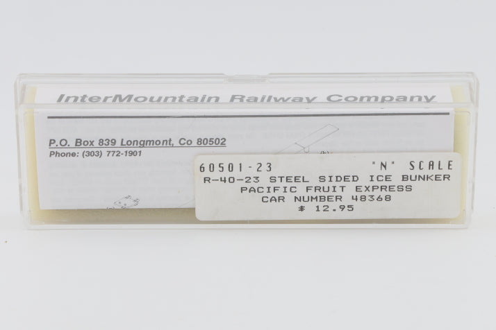 Intermountain N scale Pacific Fruit Express (PFE) 40' Steel Sided Ice Bunker Reefer car kit, R-40-23, 48368, 60501-23, preowned, new in box