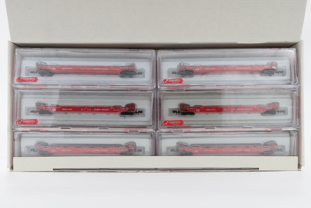 MDC-Roundhouse N scale 12 pack of 8473 Greenbrier Single Well Stack cars, GBRX, 12 different numbers, Rapido style couplers, NIB, never run, Assortment #856