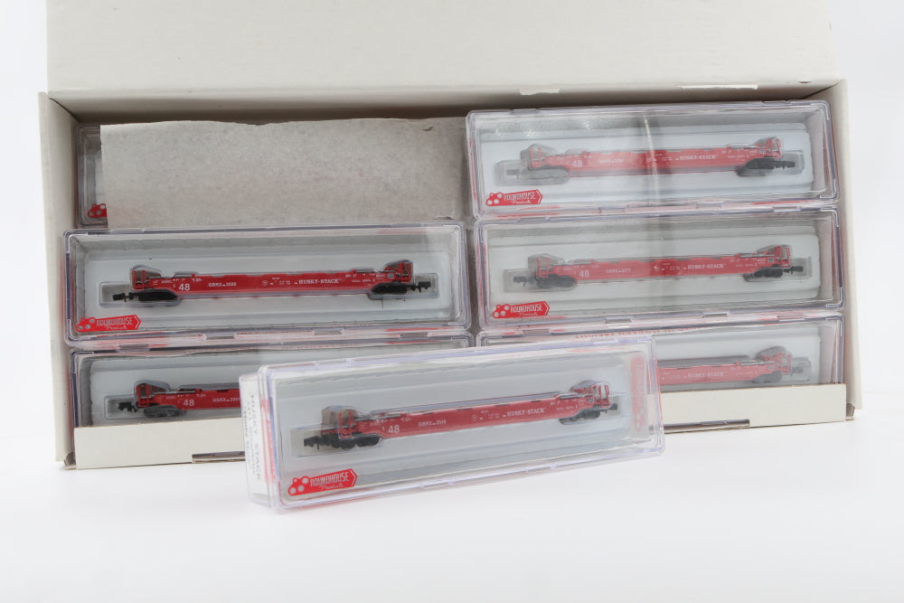 MDC-Roundhouse N scale 12 pack of 8473 Greenbrier Single Well Stack cars, GBRX, 12 different numbers, Rapido style couplers, NIB, never run, Assortment #856