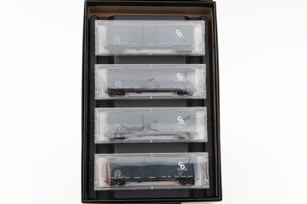 Micro Trains Line Chesapeake and Ohio Four Car Runner Pack 50ft Double Door, Box Cars, #32670, 272150, 272164, 272176, 272188, Original box(s)