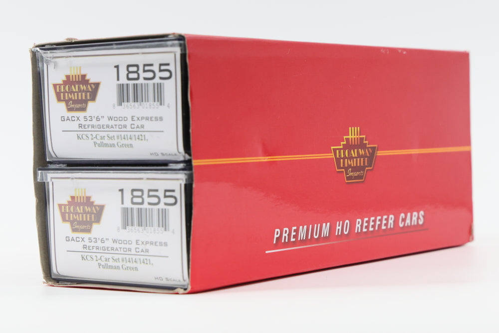 Broadway Limited HO Scale 2-Pack, Kansas City Southern-GACX 53'6" Wood Express Refrigerator Cars #1414 and #1421, Pullman Green, #1855