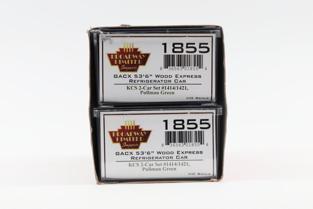 Broadway Limited HO Scale 2-Pack, Kansas City Southern-GACX 53'6" Wood Express Refrigerator Cars #1414 and #1421, Pullman Green, #1855