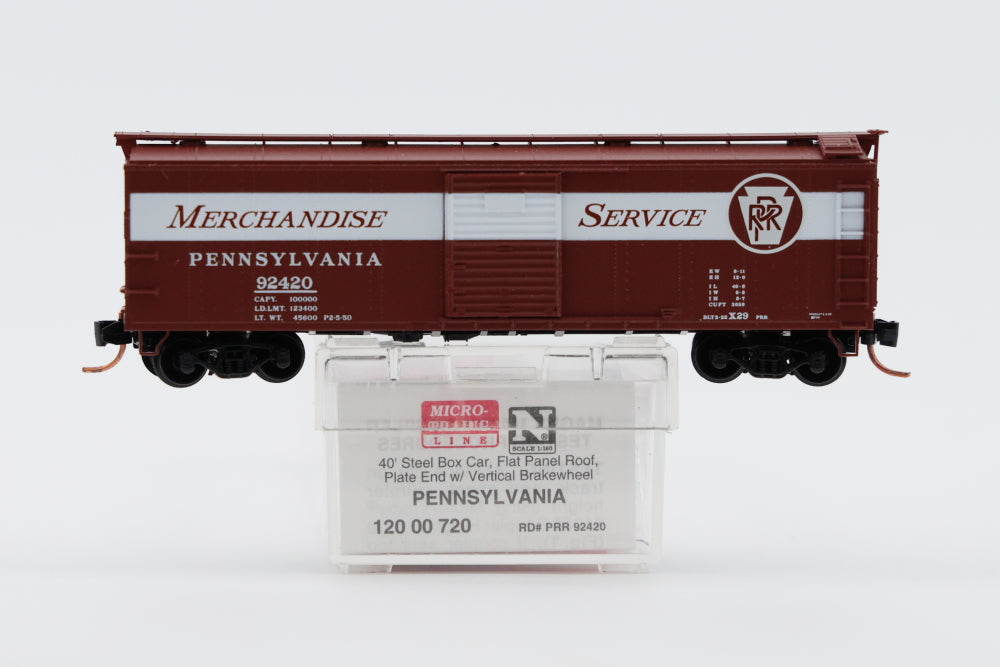 Micro Trains Line Pennsylvania 40' Steel Box Car, Flat Panel Roof, Plate End w/Vertical Brake wheel, #92420, 120 00 720