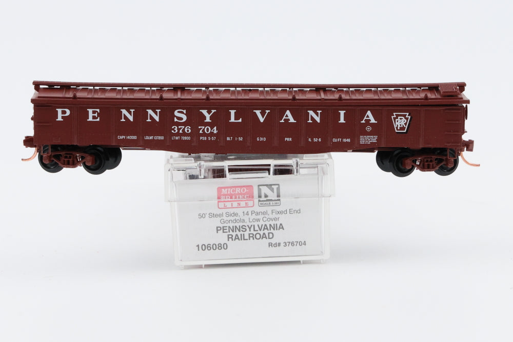 Micro Trains Line Pennsylvania 50ft 14 Panel Fixed end Gondola, Low Cover car, #376704, 106080