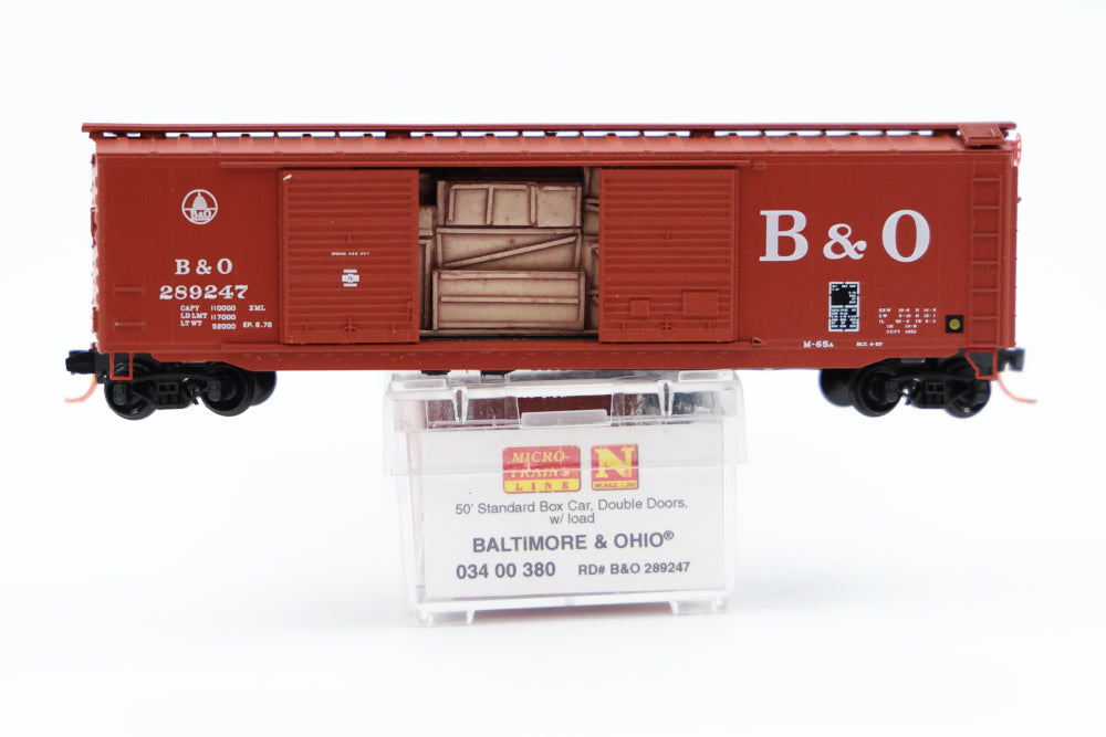 Micro Trains Line Baltimore and Ohio, 50ft Standard Box cars, Double Doors w/Load, #289247, 034 00 380