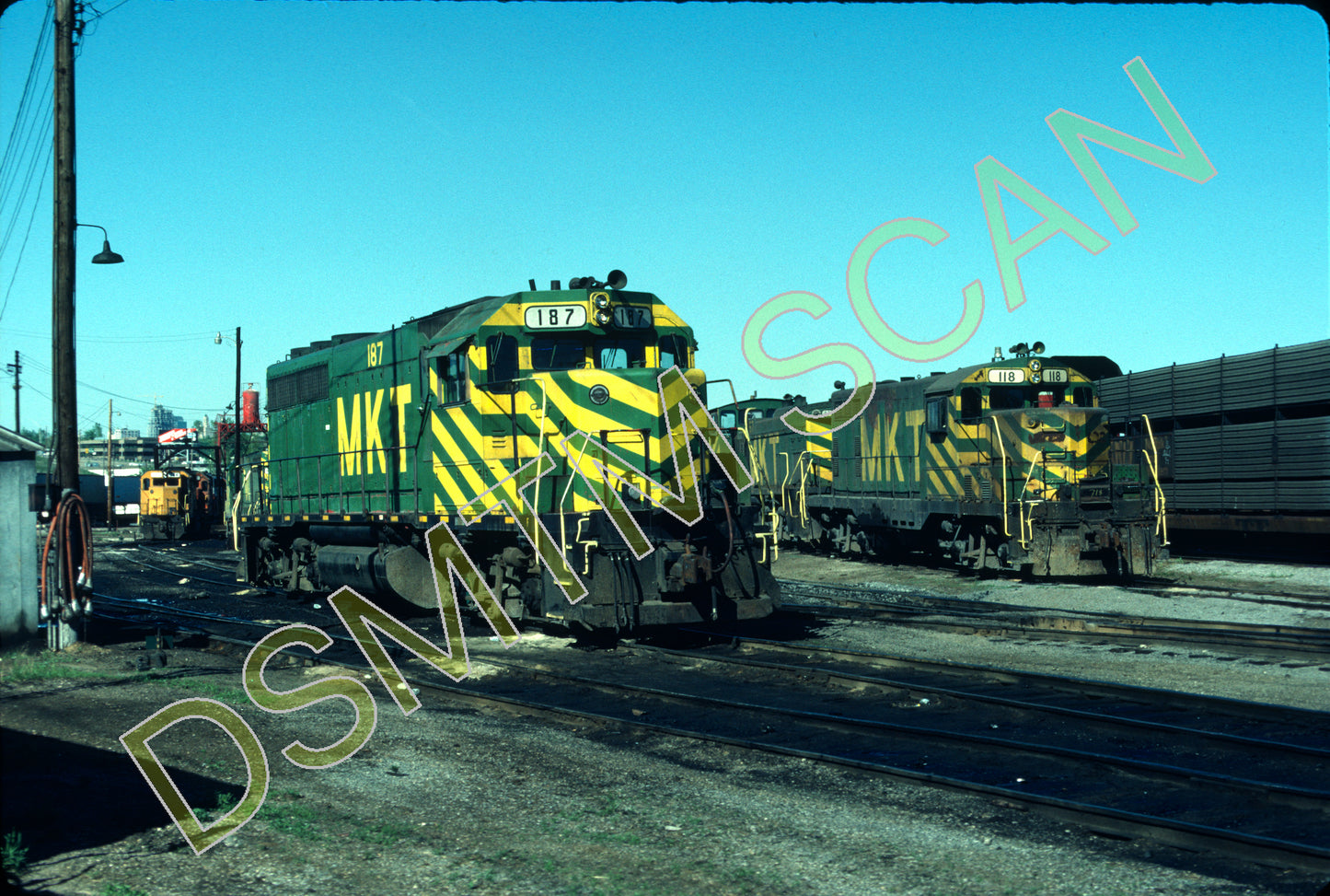 Original Kodachrome Slide, MKT GP40 187 and GP7 118 rest at Glen Park yard, Kansas City, KS.