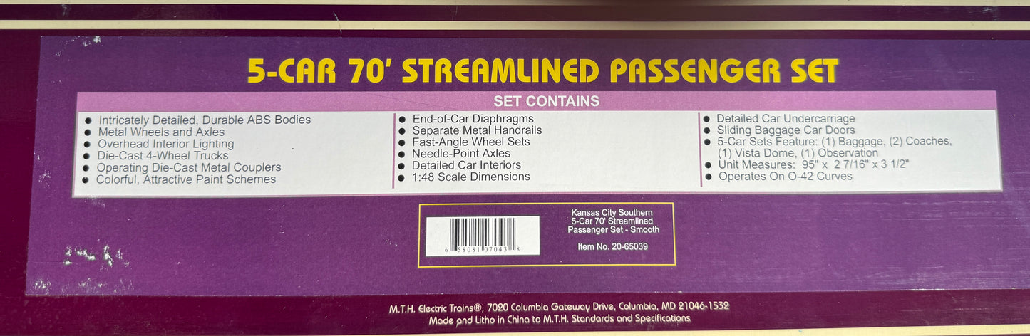 O Scale MTH 5-Car Streamliner Passenger Car set, Kansas City Southern (KCS), 5-Car 70' Streamlined Passenger Set, smooth (side),Pre owned, considered new in box, 20-65039