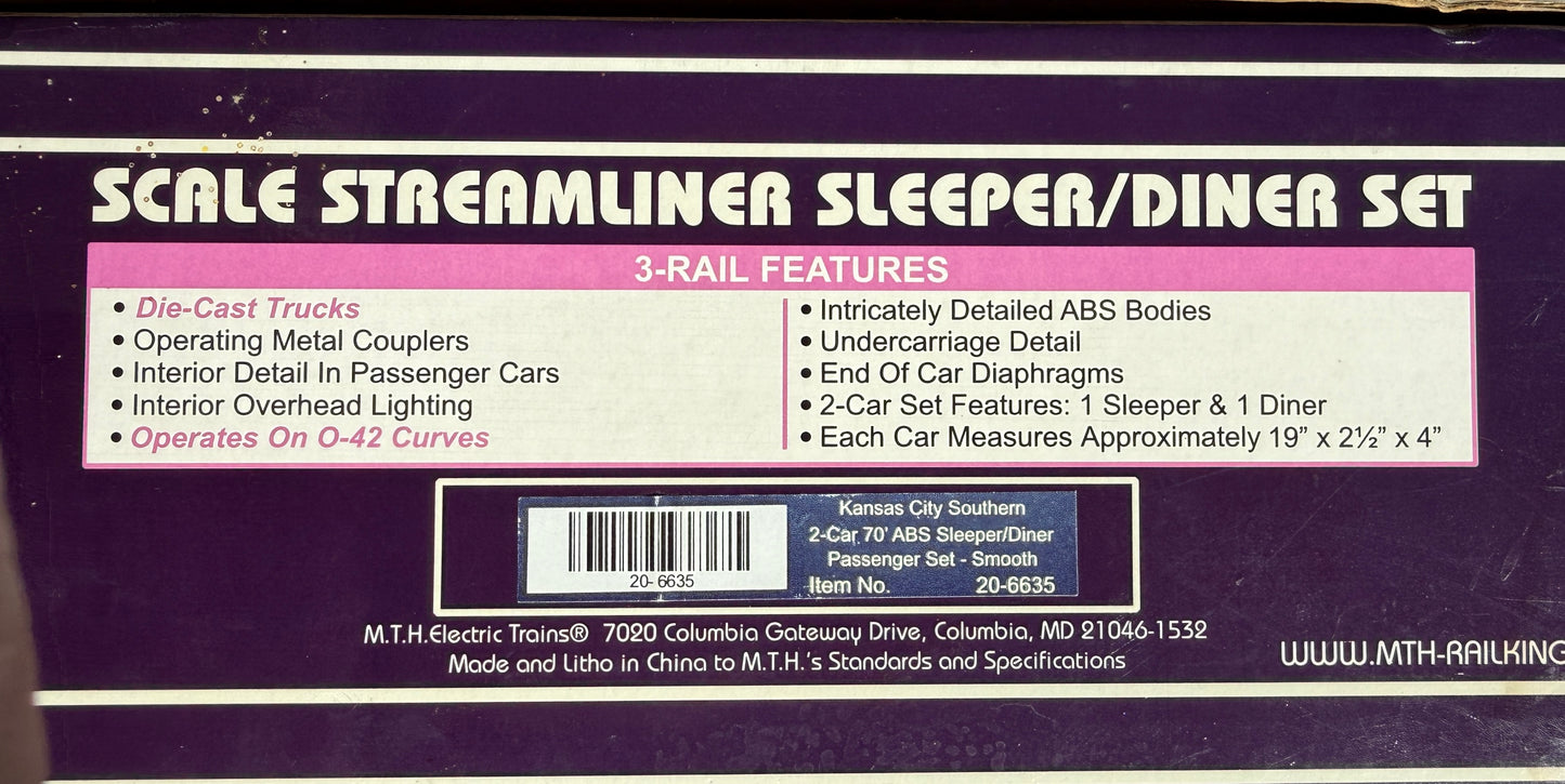 O Scale MTH Scale Streamliner Sleeper/Diner Set, Kansas City Southern (KCS), 2-Car, 70'ABS Sleeper/Diner Passenger Set, smooth (side), Pre owned, considered new in box, 20-6635