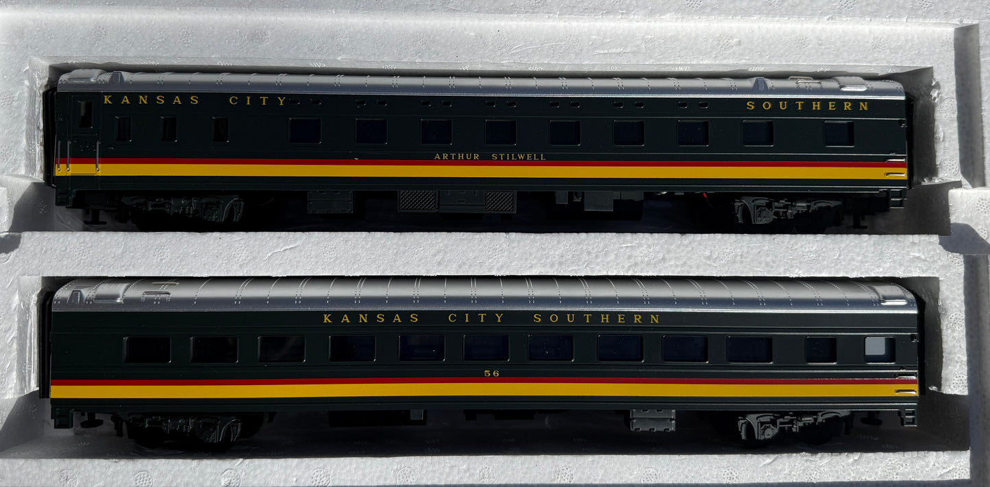 O Scale MTH Scale Streamliner Sleeper/Diner Set, Kansas City Southern (KCS), 2-Car, 70'ABS Sleeper/Diner Passenger Set, smooth (side), Pre owned, considered new in box, 20-6635