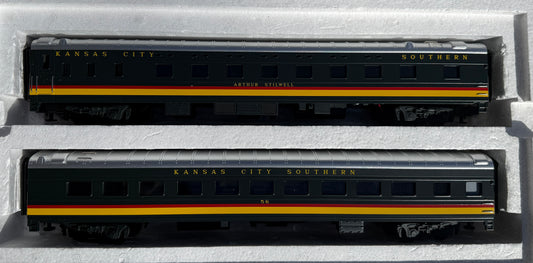 O Scale MTH Scale Streamliner Sleeper/Diner Set, Kansas City Southern (KCS), 2-Car, 70'ABS Sleeper/Diner Passenger Set, smooth (side), Pre owned, considered new in box, 20-6635