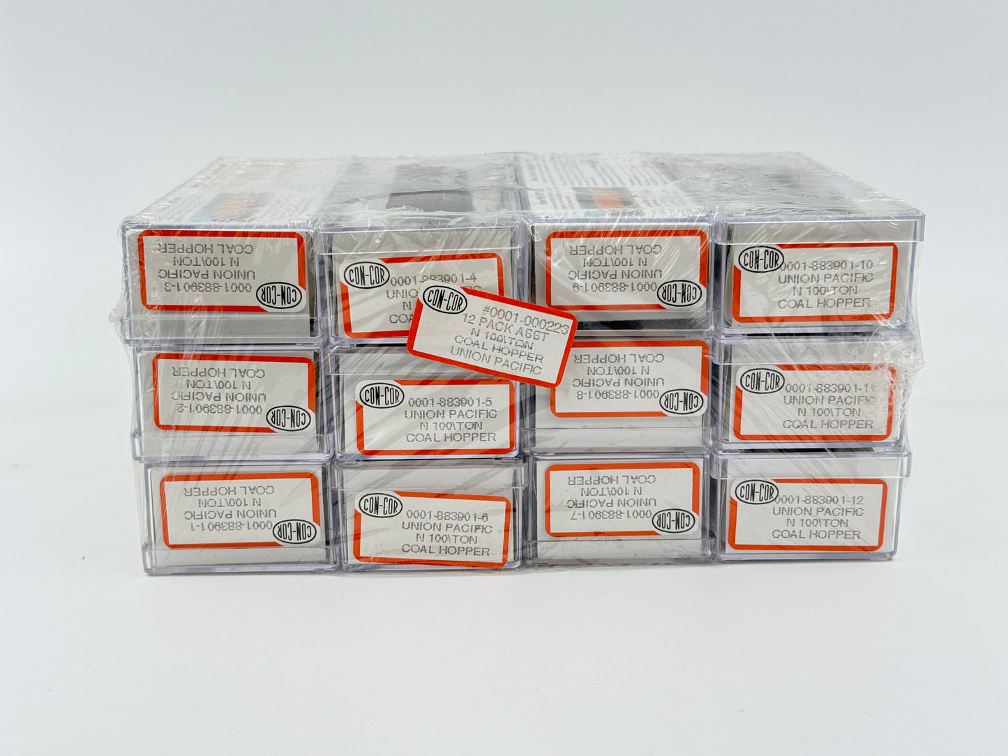 Con-Cor N scale Union Pacific (UP) 100 Ton Hopper cars, 12 pack, Rapido style couplers, factory assembled, preowned, new in box, factory sealed