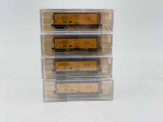 Intermountain N scale Armour R-40-23 Refrigerator cars, 12 pack, kadee style couplers, factory assembled, preowned, new in box, factory sealed