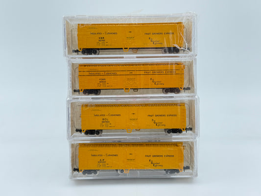 Atlas-Brooklyn Locomotive Works N scale Fruit Growers Express (FGE) 50' box cars, 4-pack, SCL,CRR,L&amp;N, FGMR reporting marks, preowned, new in box, factory sealed