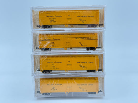 Atlas-Brooklyn Locomotive Works N scale Fruit Growers Express (FGE) 50' box cars, 4-pack, SOU, C&amp;O, CG, FGMR reporting marks, preowned, new in box, factory sealed