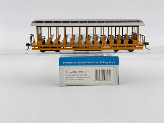 Bachmann Silver Series HO scale Jackson Sharp Open side excursion cars with seats painted, unlettered, Sliver and Yellow, original box, Pre-owned, NIB?