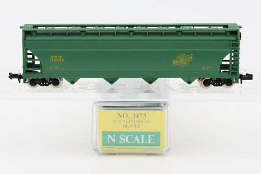 Model Power, N scale, Chicago and North Western (CNW) 55' Cylindrical 4 bay Covered hopper, Rapido style couplers, No.3473