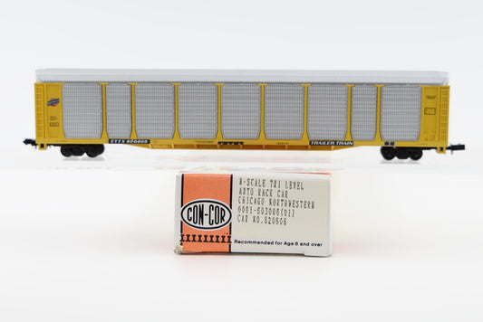 Con-Cor N scale Chicago and Northwestern (CNW) Tri Level Auto Rack Car, 820606, Rapido couplers, #0001-603006(01)