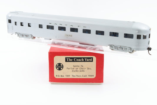 The Coach Yard, HO scale, Brass, Santa Fe Parlor or Chair Observation #3240-3245, body mounted Kadee couplers, metal wheels, Original box, pre-owned