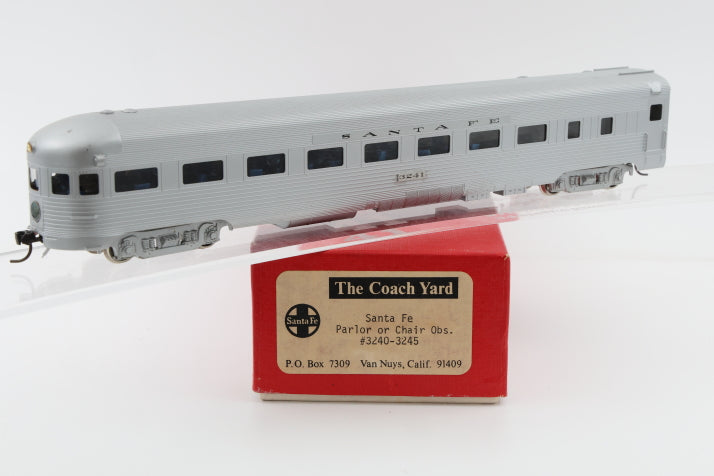 The Coach Yard, HO scale, Brass, Santa Fe Parlor or Chair Observation #3240-3245, body mounted Kadee couplers, metal wheels, Original box, pre-owned