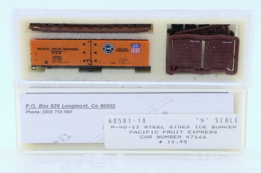Intermountain N scale Pacific Fruit Express (PFE) 40' Steel Sided Ice Bunker Reefer car kit, R-40-23, 47666, 60501-10, preowned, new in box