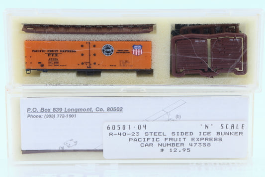 Intermountain N scale Pacific Fruit Express (PFE) 40' Steel Sided Ice Bunker Reefer car kit, R-40-23, 47358, 60501-04, preowned, new in box