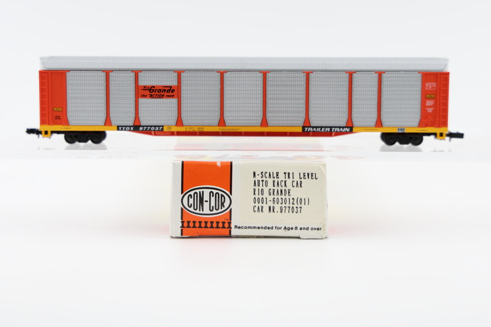 Con-Cor N scale Rio Grande (DRGW) Tri Level Auto Rack Car, 977037, Rapido couplers, #0001-603012(01)