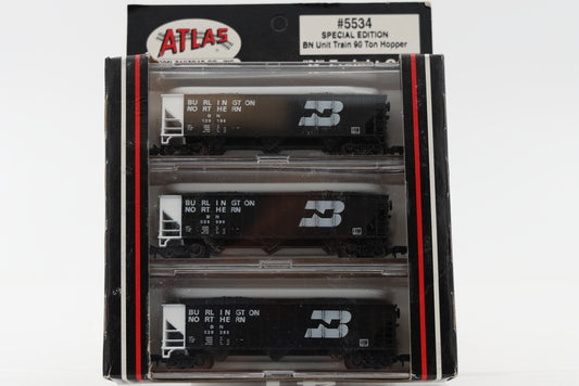 Atlas N scale BN (Burlington Northern) 3 pack set, 90 ton 3 bay Hopper with coal, Special Edition, #5734